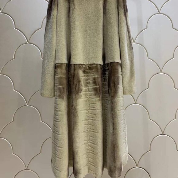 New Real Semi-Sheared Cross MINK Fur Coat Jacket Stroller Beige Golden Palamino - Picture 3 of 7